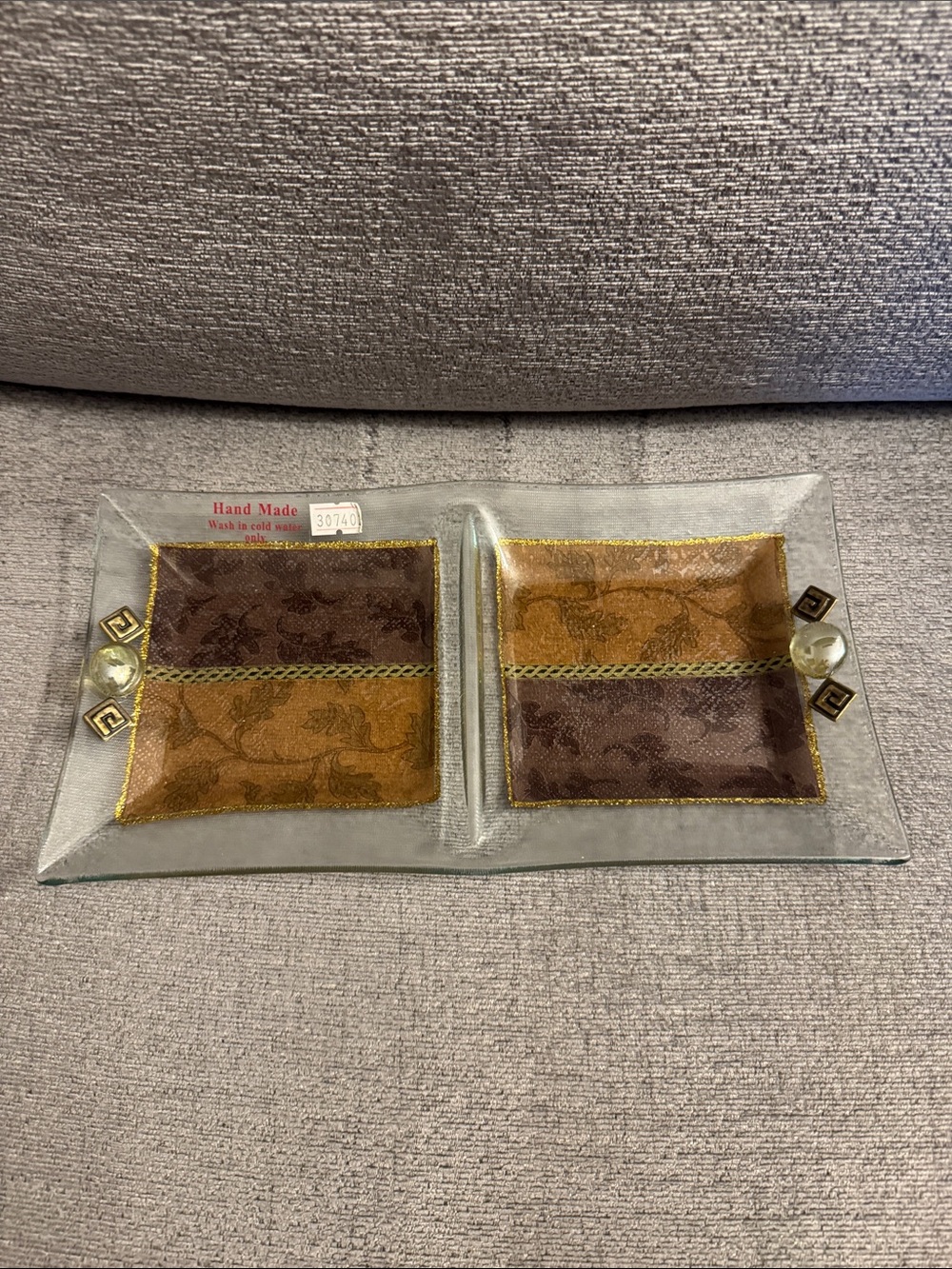 Decorative textured glass divided tray w/handmade design & embellished squares